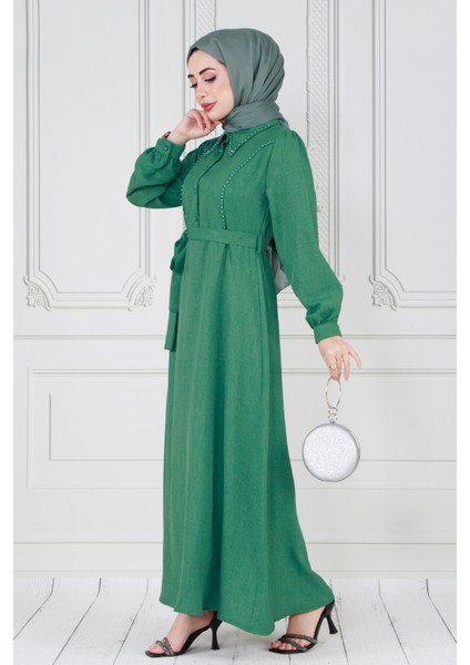 Inci Detaylı Kuşaklı Tesettür Elbise-Yeşil modelleri