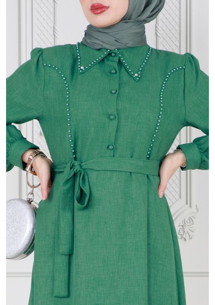 Inci Detaylı Kuşaklı Tesettür Elbise-Yeşil fırsatları