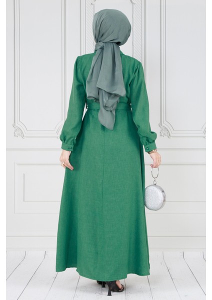 Inci Detaylı Kuşaklı Tesettür Elbise-Yeşil indirimleri