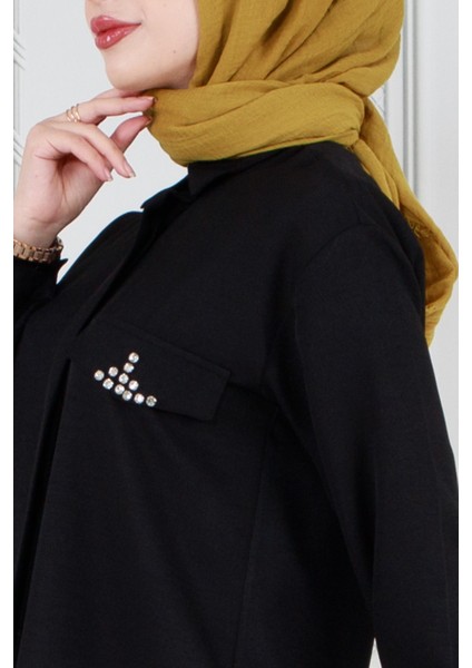 Kapağı Taş Detaylı Tunik-Siyah