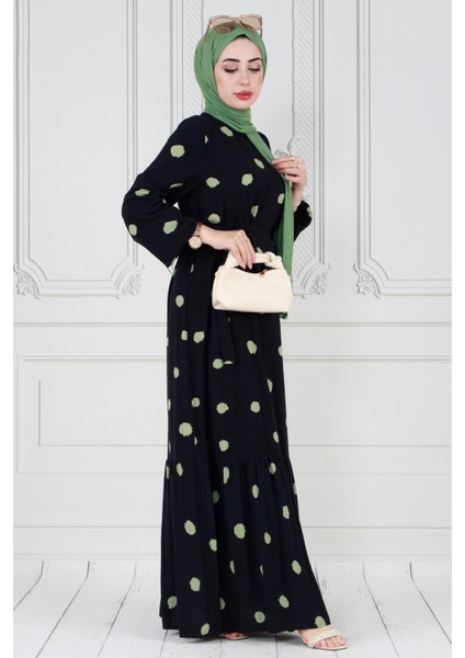 Puantiyeli Kuşaklı Tesettür Elbise-Haki fiyatları