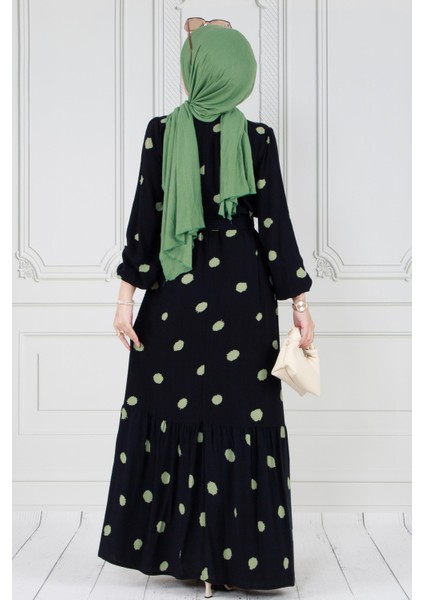Puantiyeli Kuşaklı Tesettür Elbise-Haki indirimleri