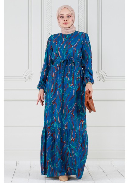 Eteği Fırfır Beli Kuşaklı Viscon Elbise-Mavi