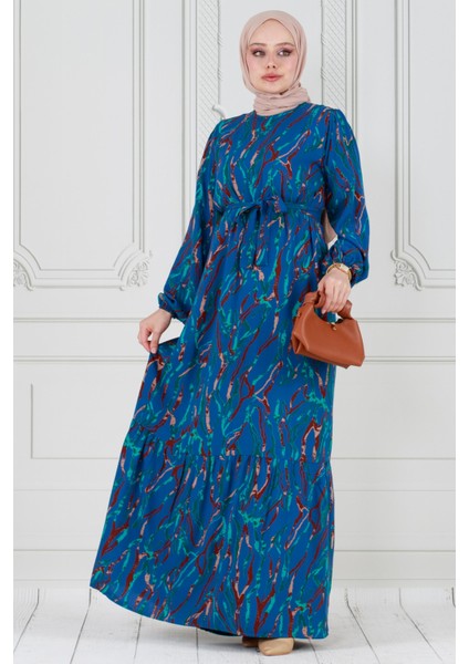 Eteği Fırfır Beli Kuşaklı Viscon Elbise-Mavi fiyatları