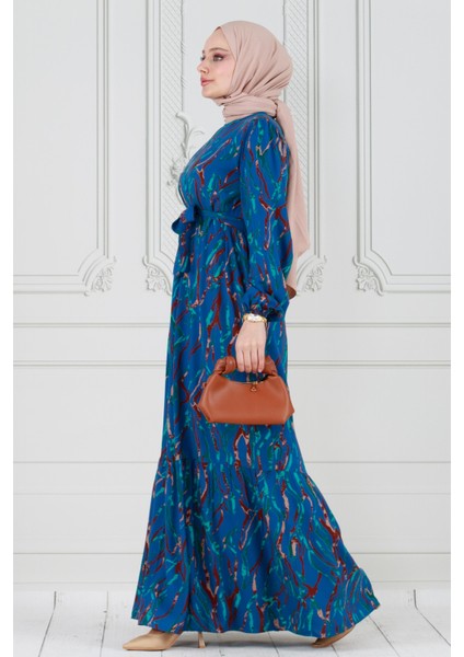 Eteği Fırfır Beli Kuşaklı Viscon Elbise-Mavi modelleri