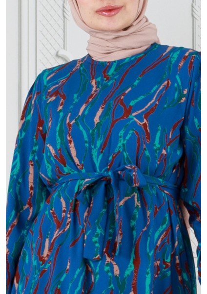 Eteği Fırfır Beli Kuşaklı Viscon Elbise-Mavi fırsatları