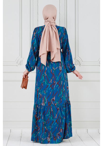 Eteği Fırfır Beli Kuşaklı Viscon Elbise-Mavi indirimleri