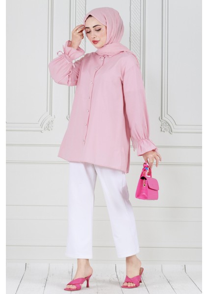 Arkası Pileli Kolu Büzgülü Tunik-Pembe