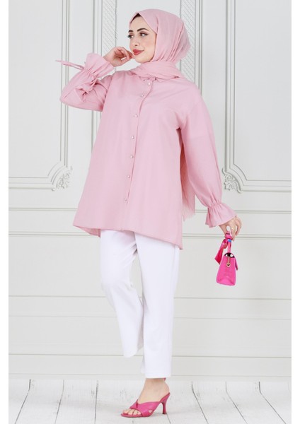Arkası Pileli Kolu Büzgülü Tunik-Pembe