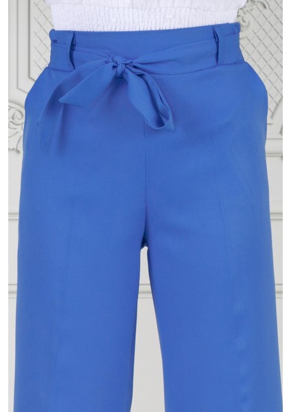 Beli Bağlamalı Bol Paça Pantolon-Mavi