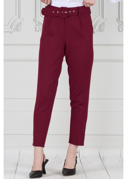 Beli Kemerli Pileli Kalem Pantolon-Bordo