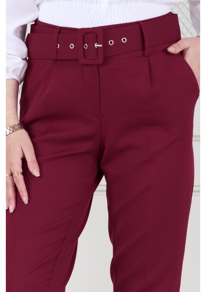 Beli Kemerli Pileli Kalem Pantolon-Bordo fırsatları