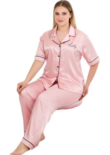 Büyük Beden 16101 Kısa Kollu ve Düğmeli Pembe Renk Saten Lady Pijama Takımı fiyatları