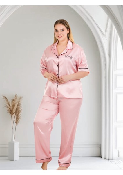 Büyük Beden 16101 Kısa Kollu ve Düğmeli Pembe Renk Saten Lady Pijama Takımı modelleri