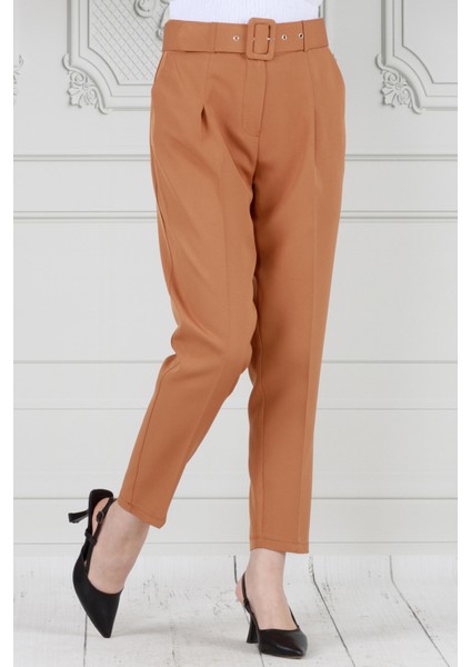 Beli Kemerli Pileli Kalem Pantolon-Camel fiyatları