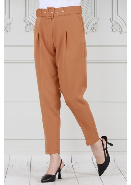 Beli Kemerli Pileli Kalem Pantolon-Camel modelleri