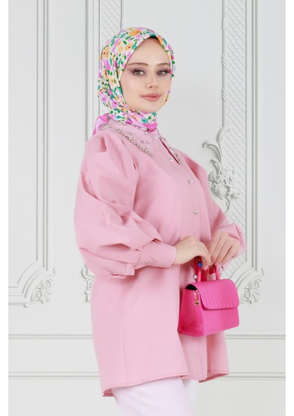 Yakası Taş Çakım Tunik-Pembe