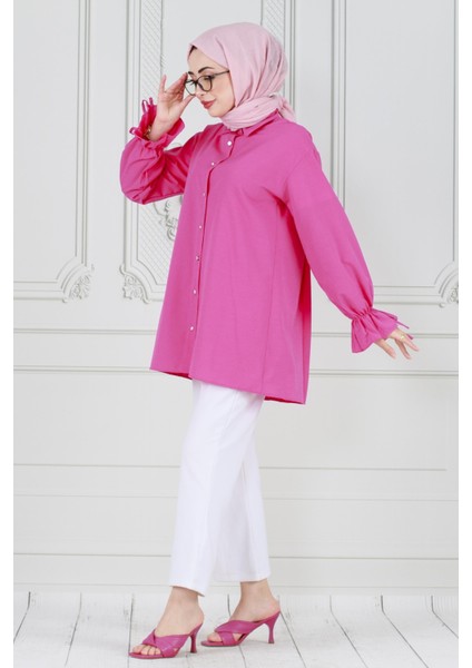 Arkası Pileli Kolu Büzgülü Tunik-Fuşya modelleri