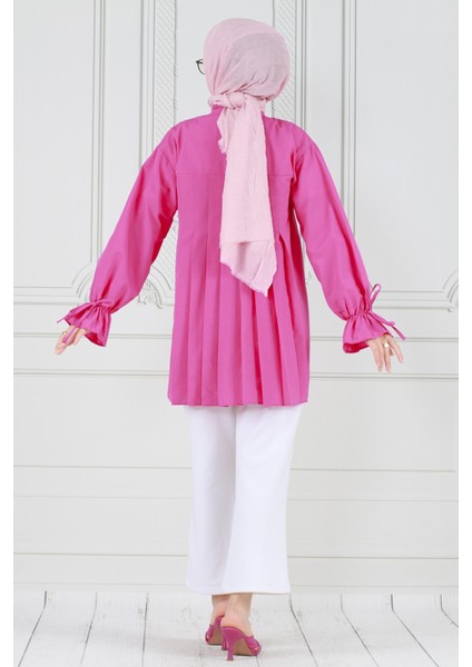Arkası Pileli Kolu Büzgülü Tunik-Fuşya indirimleri