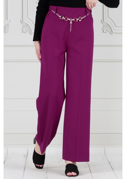 Zincir Detaylı Bol Paça Pantolon-Mor fiyatları