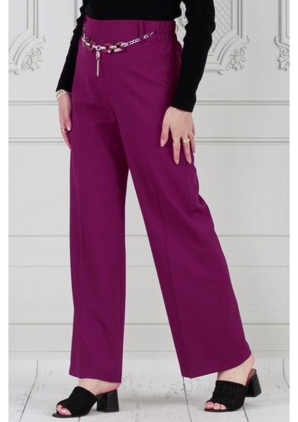 Zincir Detaylı Bol Paça Pantolon-Mor modelleri