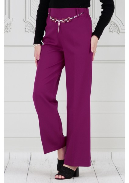Zincir Detaylı Bol Paça Pantolon-Mor fırsatları