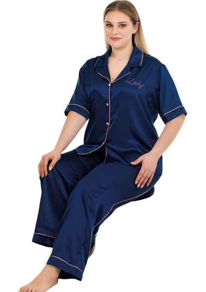 Büyük Beden 16100 Kısa Kollu ve Düğmeli Lacivert Renk Saten Lady Pijama Takımı fiyatları