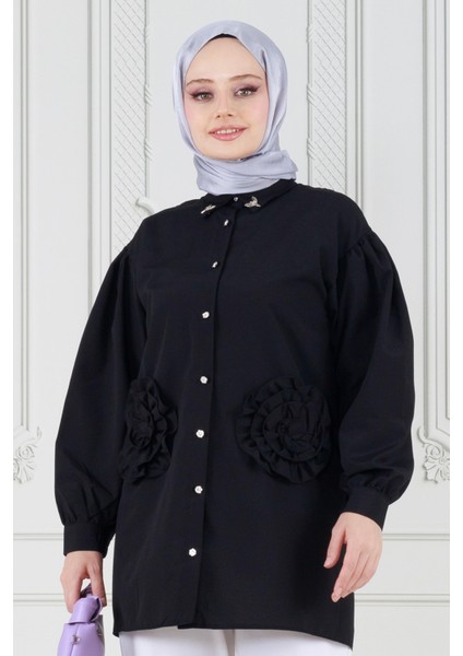 Önü Gül Detaylı Tunik-Siyah
