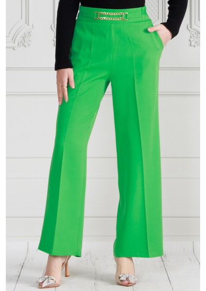 Beli Zincir Detaylı Bol Paça Pantolon-Yeşil