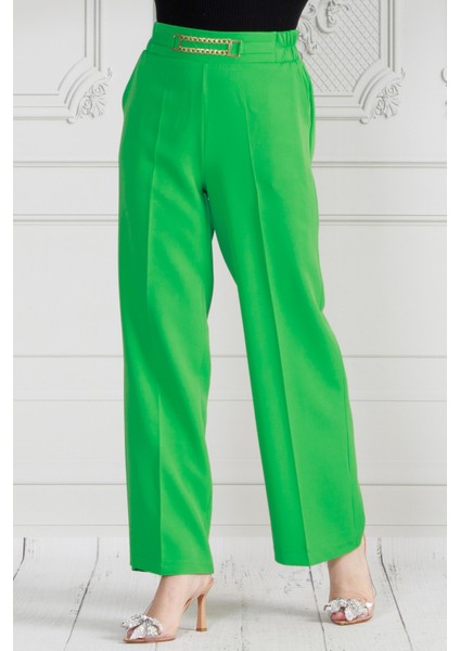 Beli Zincir Detaylı Bol Paça Pantolon-Yeşil fiyatları