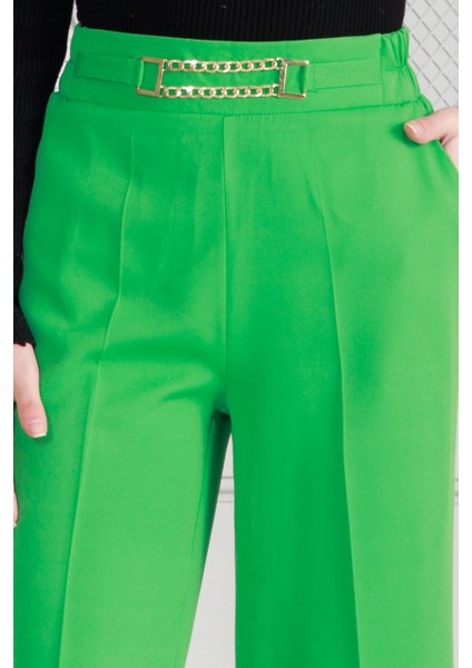 Beli Zincir Detaylı Bol Paça Pantolon-Yeşil fırsatları