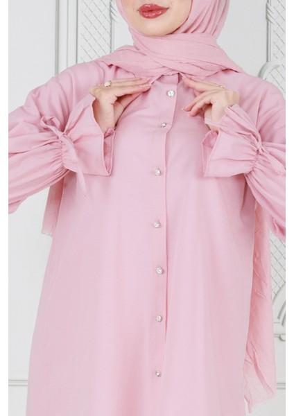 Arkası Pileli Kolu Büzgülü Tunik-Pembe