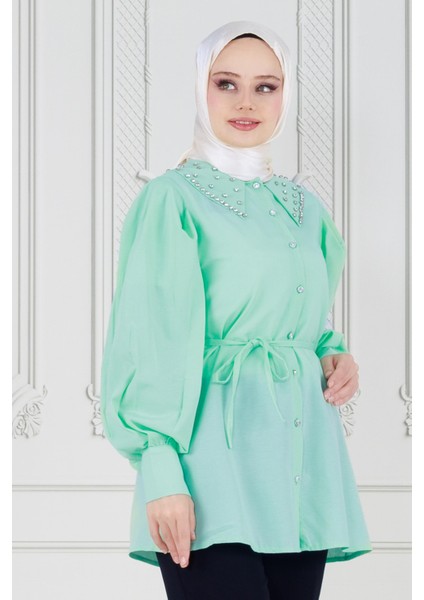 Yakası Taş Çakım Tunik-Yeşil fiyatları