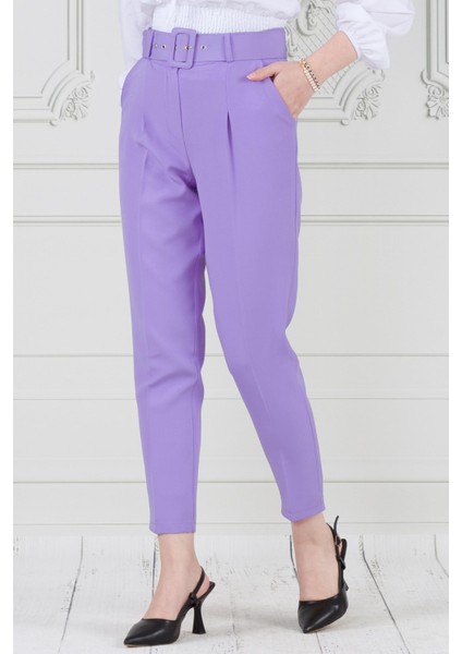 Beli Kemerli Pileli Kalem Pantolon-Lila
