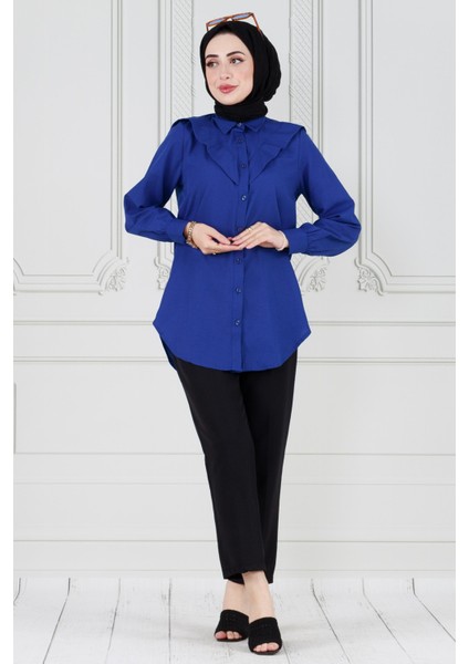 Yakası Kat Detaylı Poplin Tunik-Lacivert