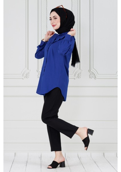 Yakası Kat Detaylı Poplin Tunik-Lacivert