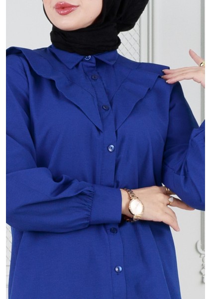 Yakası Kat Detaylı Poplin Tunik-Lacivert