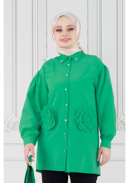 Önü Gül Detaylı Tunik-Yeşil