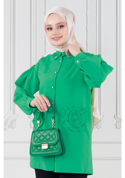 Önü Gül Detaylı Tunik-Yeşil
