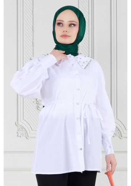 Yakası Taş Çakım Tunik-Beyaz