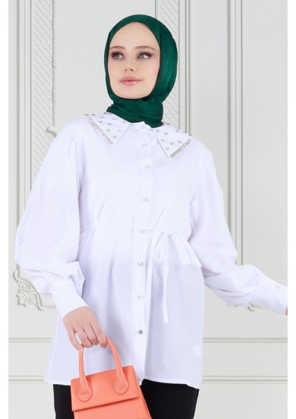 Yakası Taş Çakım Tunik-Beyaz fiyatları