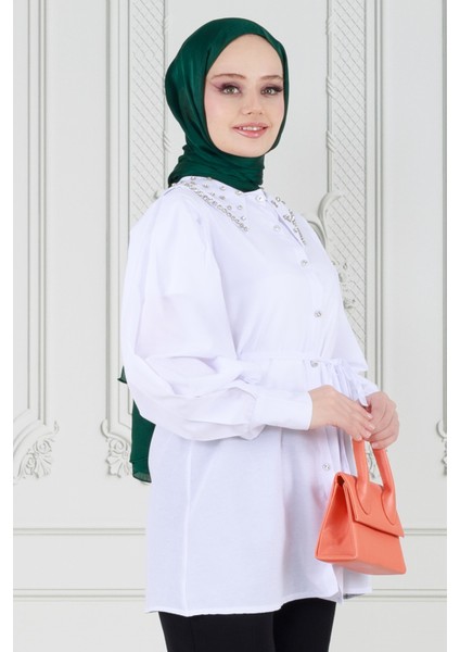 Yakası Taş Çakım Tunik-Beyaz modelleri