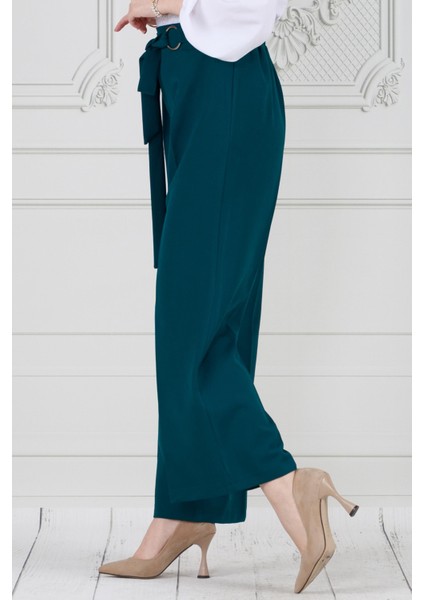 Halka Detay Bol Paça Pantolon-Petrol indirimleri