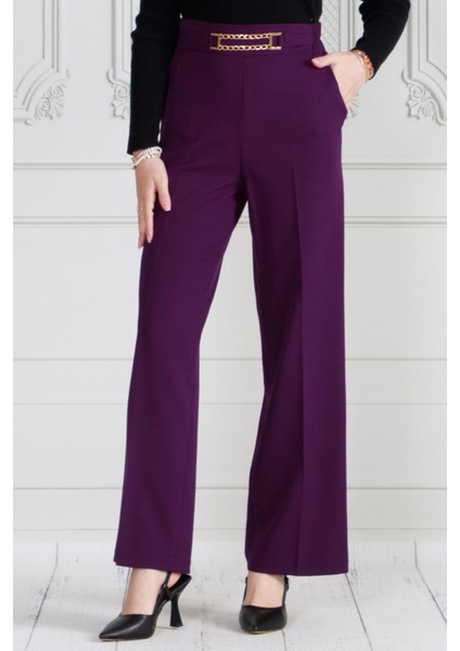 Beli Zincir Detaylı Bol Paça Pantolon-Mürdüm