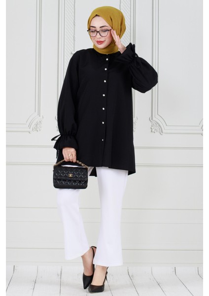 Arkası Pileli Kolu Büzgülü Tunik-Siyah modelleri