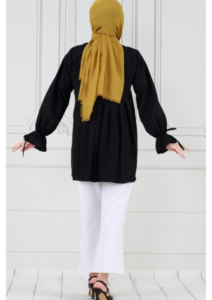 Arkası Pileli Kolu Büzgülü Tunik-Siyah indirimleri