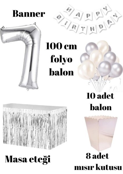 7 Yaş Beyaz Gümüş Balon Rakam Folyo Banner Mısır Kutusu Masa Eteği Doğum Günü Parti Seti fiyatları