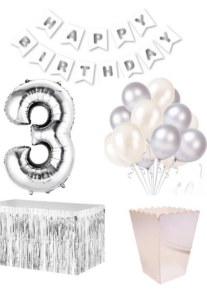 3 Yaş Beyaz Gümüş Balon Rakam Folyo Banner Mısır Kutusu Masa Eteği Doğum Günü Parti Seti