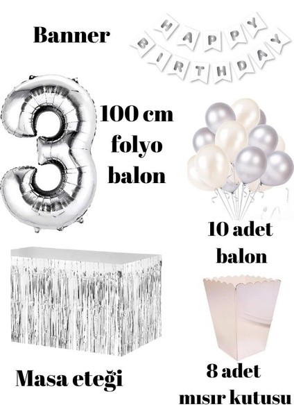 3 Yaş Beyaz Gümüş Balon Rakam Folyo Banner Mısır Kutusu Masa Eteği Doğum Günü Parti Seti fiyatları