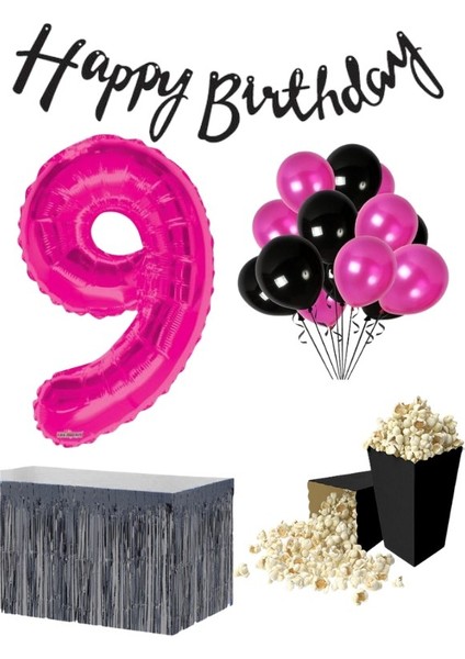 9 Yaş Pembe Balon Rakam Folyo Banner Mısır Kutusu Masa Eteği Doğum Günü Parti Seti